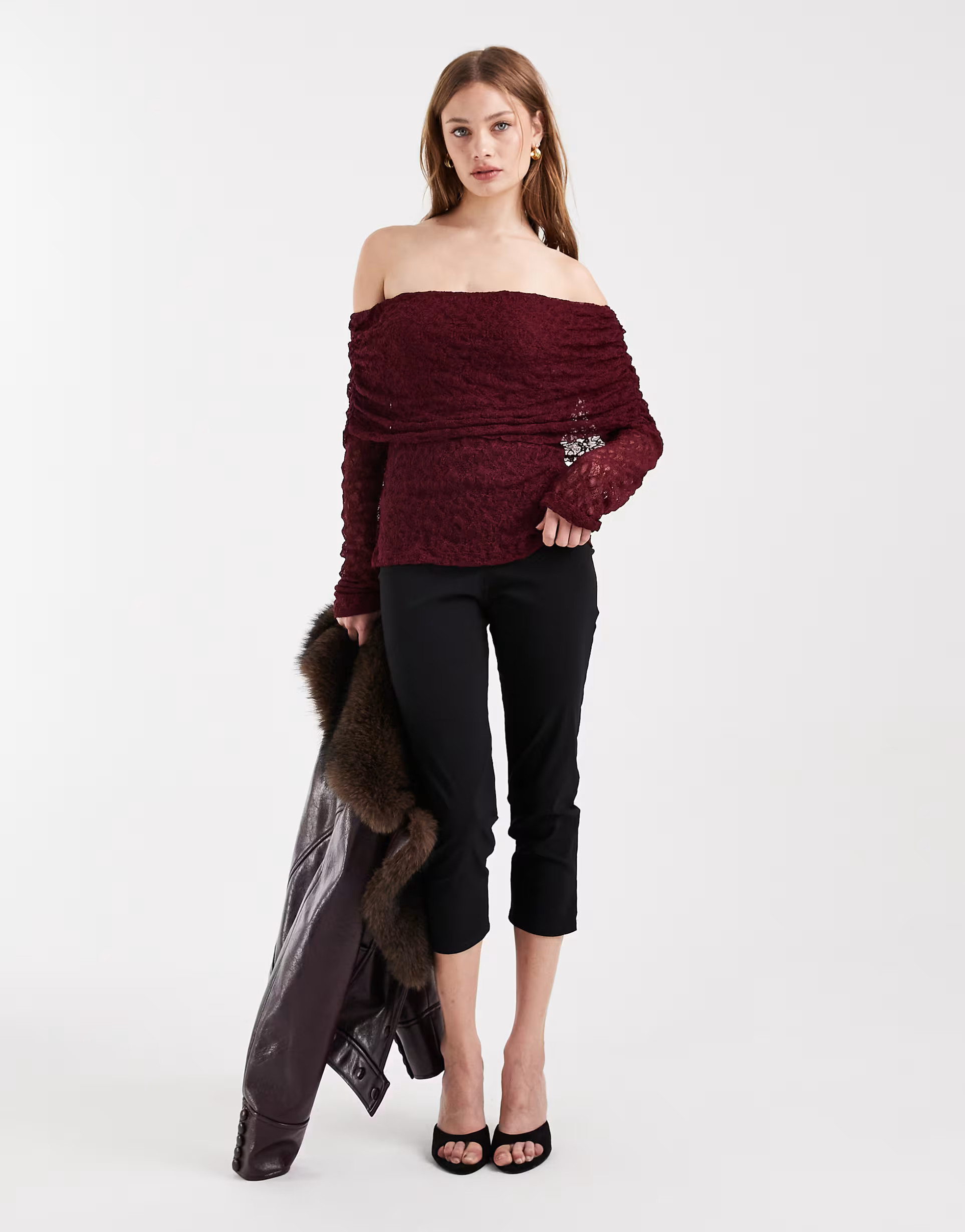 ASOS DESIGN lace fold over off shoulder top in burgundy | ASOS (Global)
