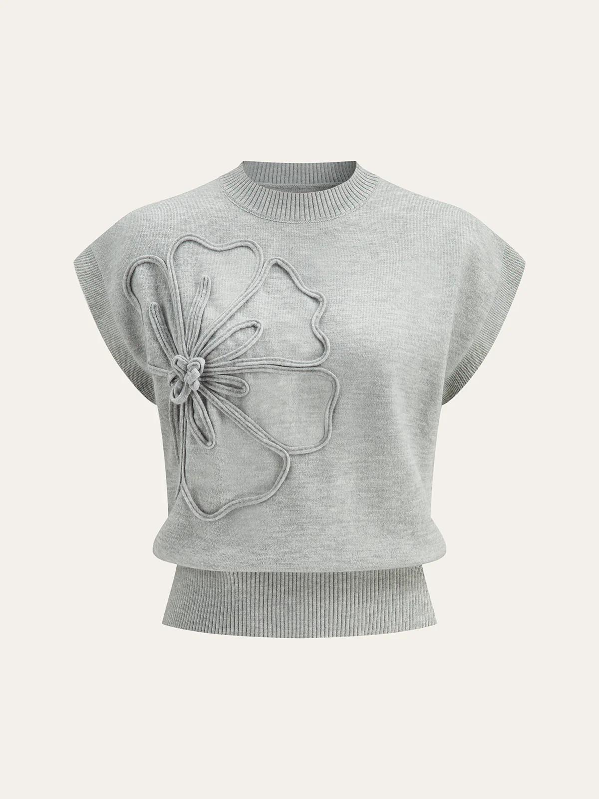 Flower Applique Cap Sleeve Knit Top | Commense