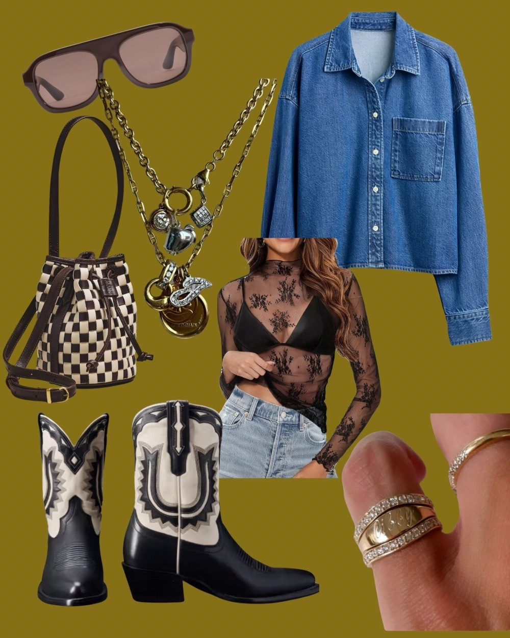 Lace + denim + cowboy boots!! #outfit #purse #jewelry #boots #cowboyboots #cowgirlboots #western #denim #lace 