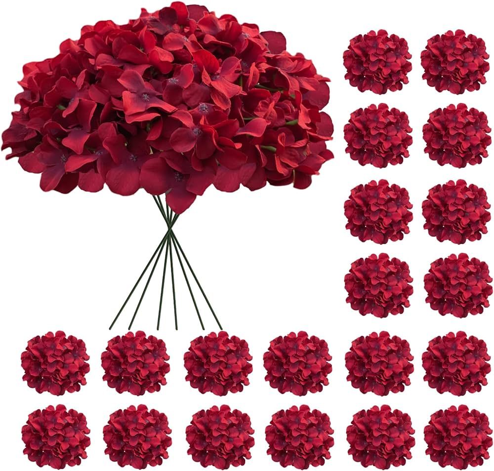Cherica 20 Pcs Dark Red Hydrangea Artificial Flowers Bulk, Faux Hydrangea Flowers Heads, Artifici... | Amazon (US)