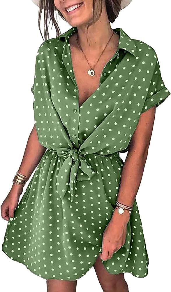 Womens Dresses Cute Polka Dot Print Button Down Short Sleeve A-Line Elastic Waist Summer Casual S... | Amazon (US)