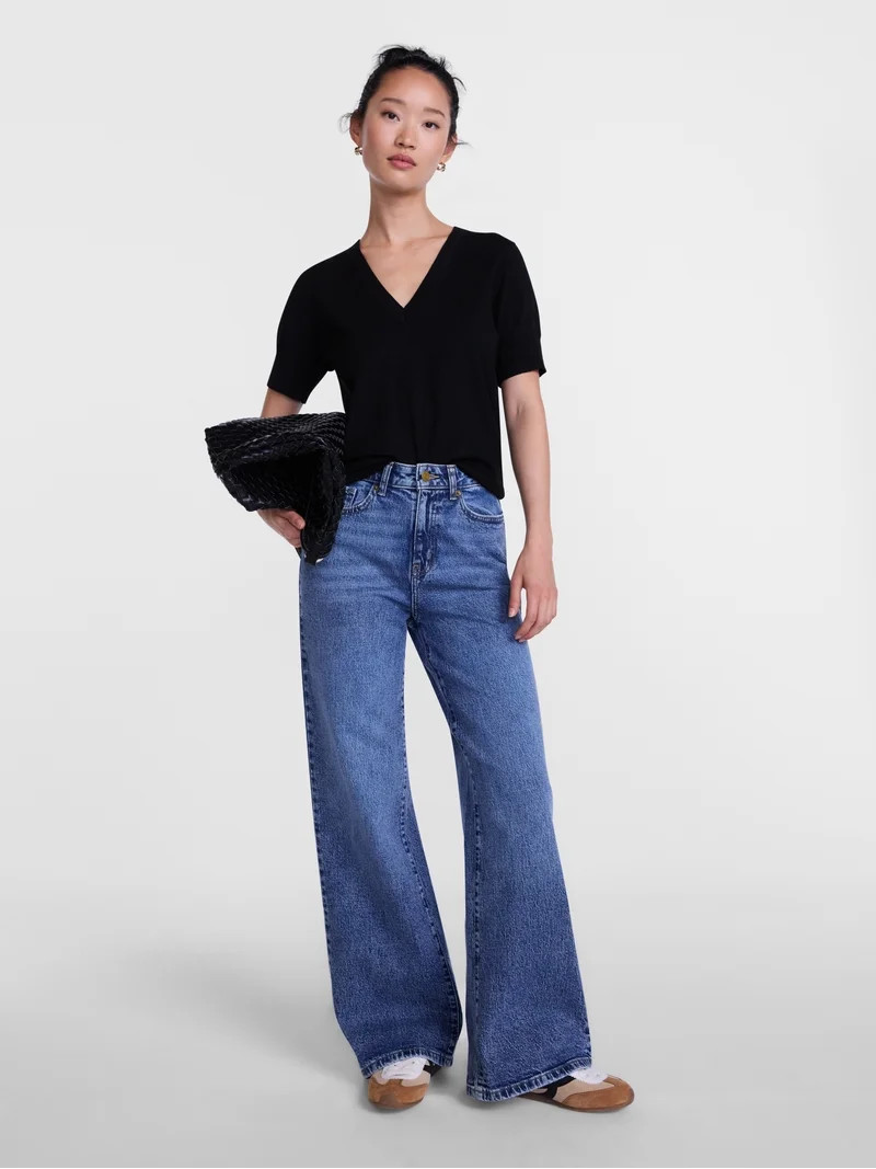 Scenario Women's V-Neck Lightweight Sweater with Short Sleeves, Sizes XS-XXXL | Walmart (US)