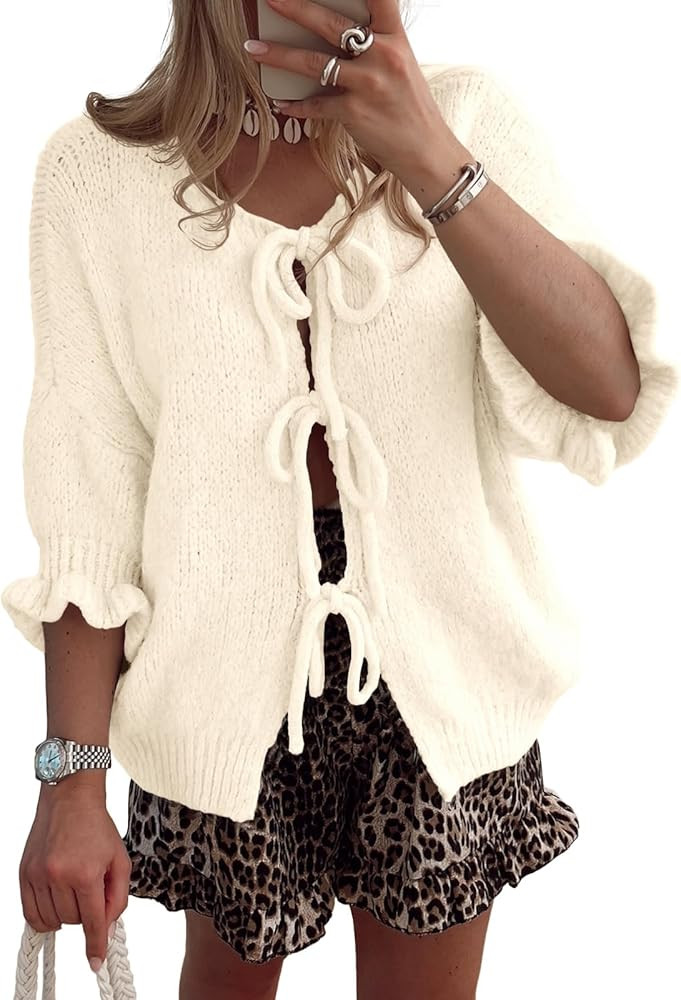 Saodimallsu Womens Tie Front Bow Cardigan Sweaters Lightweight Knit Ruffle Half Sleeve 2025 Trend... | Amazon (US)