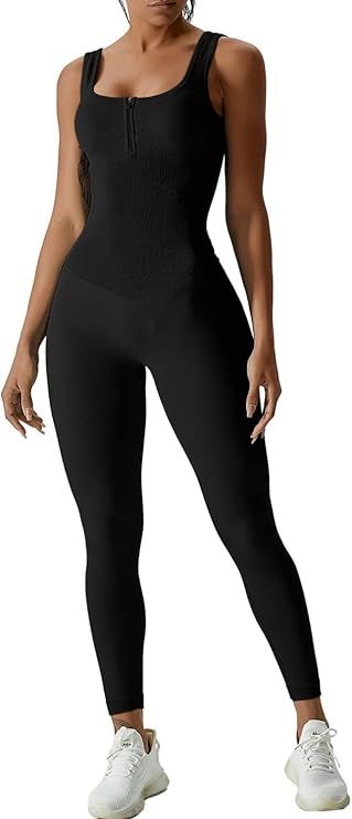 QINSEN Womens Zip Front Square Neck Tank Top Sleeveless Jumpsuit Long Pants Yoga Unitard Rommpers | Amazon (US)