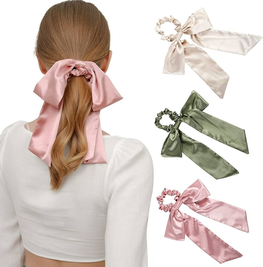 Hair Scrunchies with Bow Elastic Hair Ribbons Satin Hair Ties Bowknot Ponytail Holder Hair Scarf ... | Amazon (US)