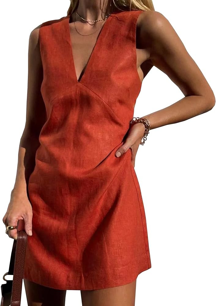 Megfie Womens Summer Cotton Linen V Neck Short Dress Sleeveless Mini Dress Casual A Line Tank Dre... | Amazon (US)