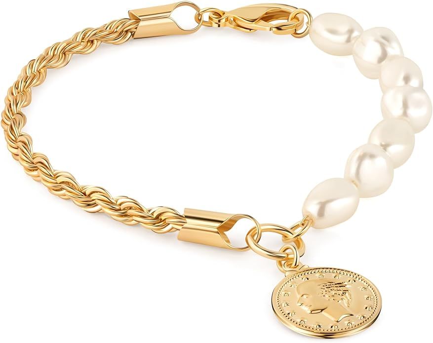Barzel 18K Gold Plated Rope & Pearl Bracelet with Coin Charm - Made in Brazil | Amazon (US)