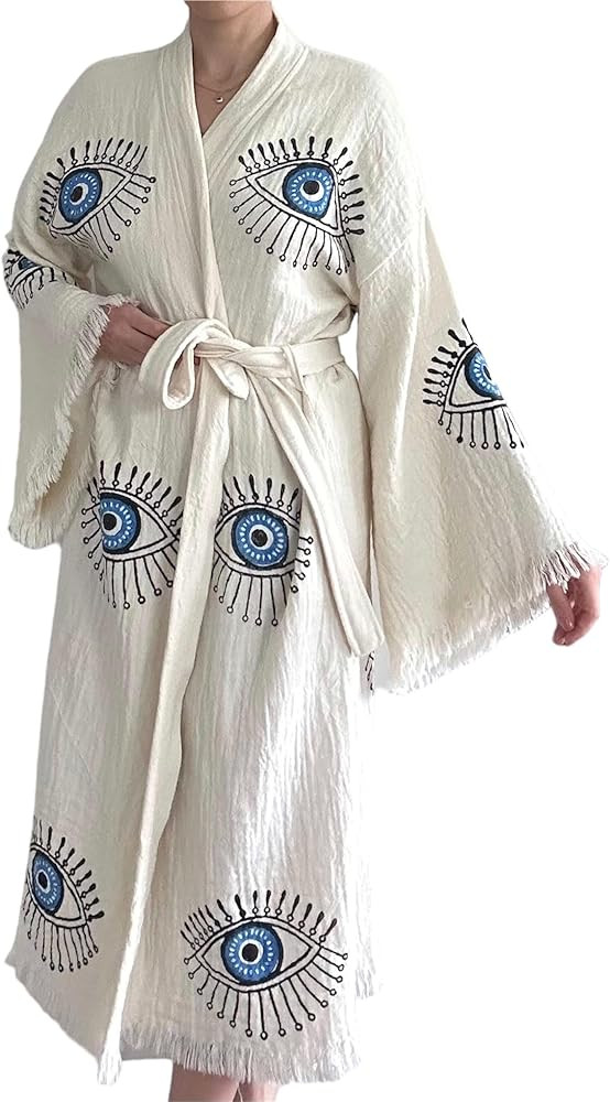 The Pinus Women's Evil Eye Kimono Robe, Robe, Kaftan, Cover Up, BeachWear 100% Cotton Belted, Bre... | Amazon (US)