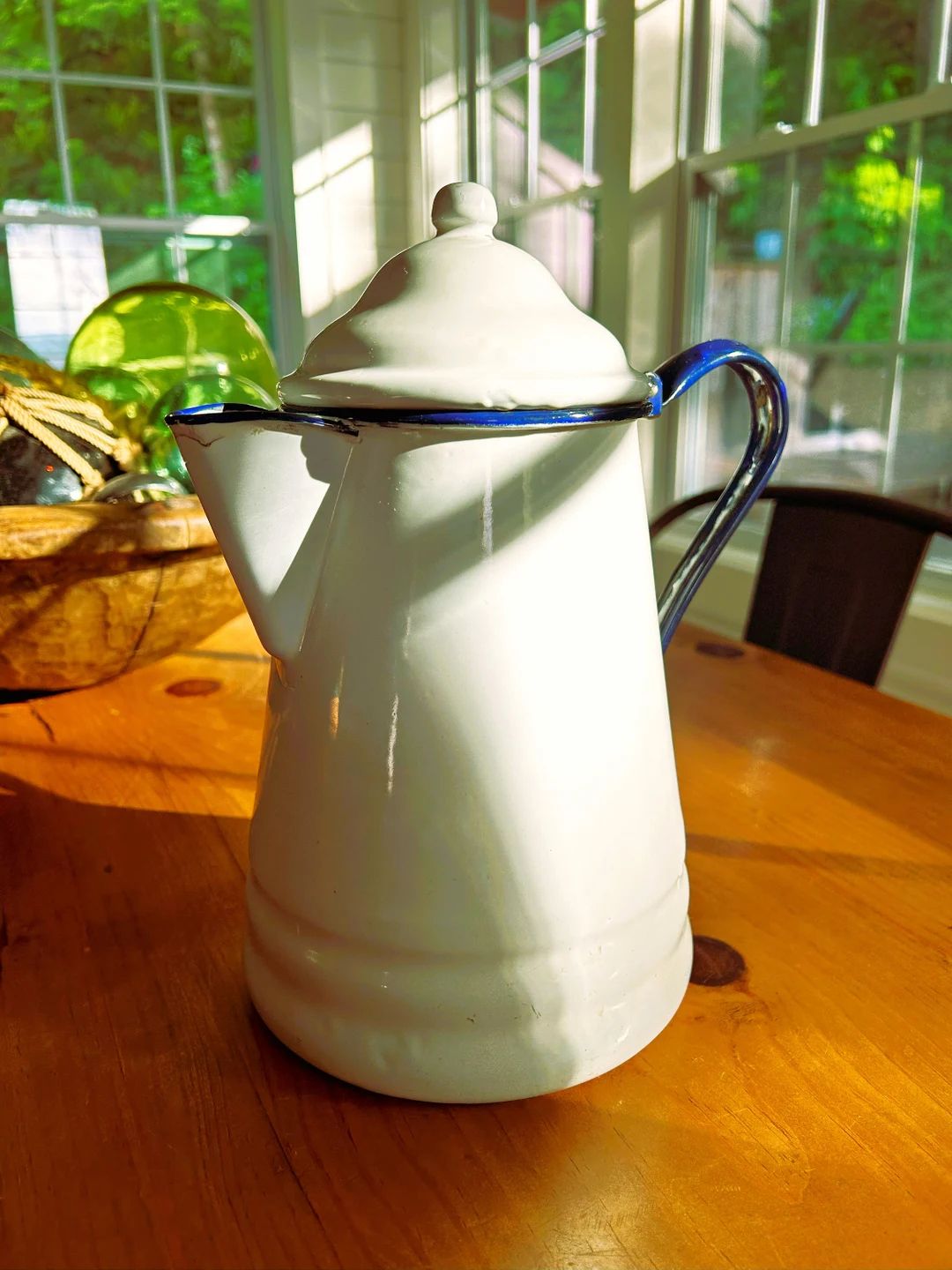 Vintage Large Enamelware White and Blue Coffee / Tea Pot.  Vintage Large White and Blue Enamel Ke... | Etsy (US)