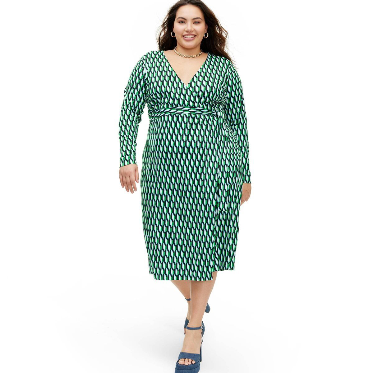 Women's Long Sleeve Midi Arrow Geo Green Wrap Dress - DVF for Target | Target