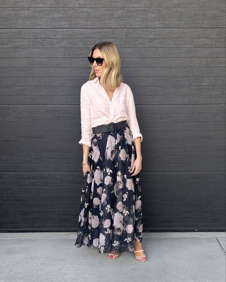 Embracing the beauty of spring in full bloom with this flowing floral skirt and classic button-up combo.

#LTKFindsUnder100 #LTKOver40 #LTKWorkwear