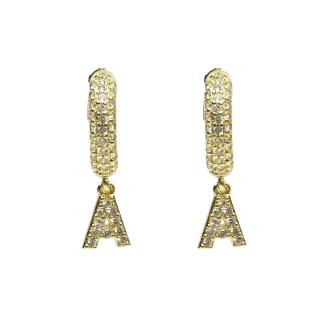 Pave Initial Charm Drop Hoops - Ahava J | Ahava Jewels