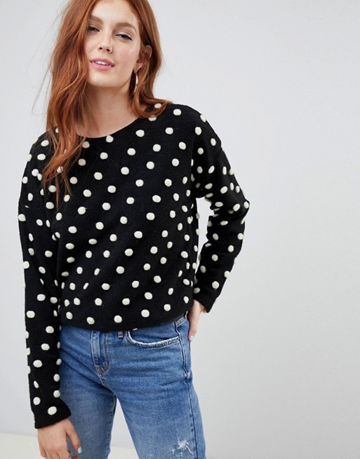 New Look brushed sweater in black polka dot pom pom | ASOS US