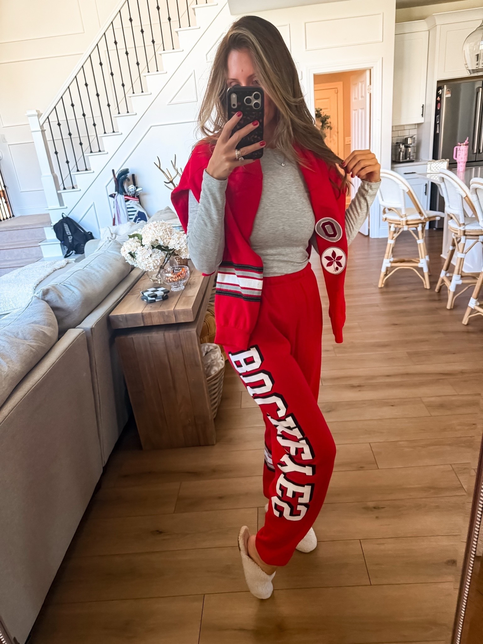 Game day comfort ❤️🏈 The cutest oversized sweatshirt and matching sweatpants set for cozy fall days, watching football, or lounging at home! ❤️🤍

college football apparel, Ohio State Buckeyes loungewear, matching sweatsuits, cozy pajamas, casual fall outfits, game day outfit ideas, themominstyle