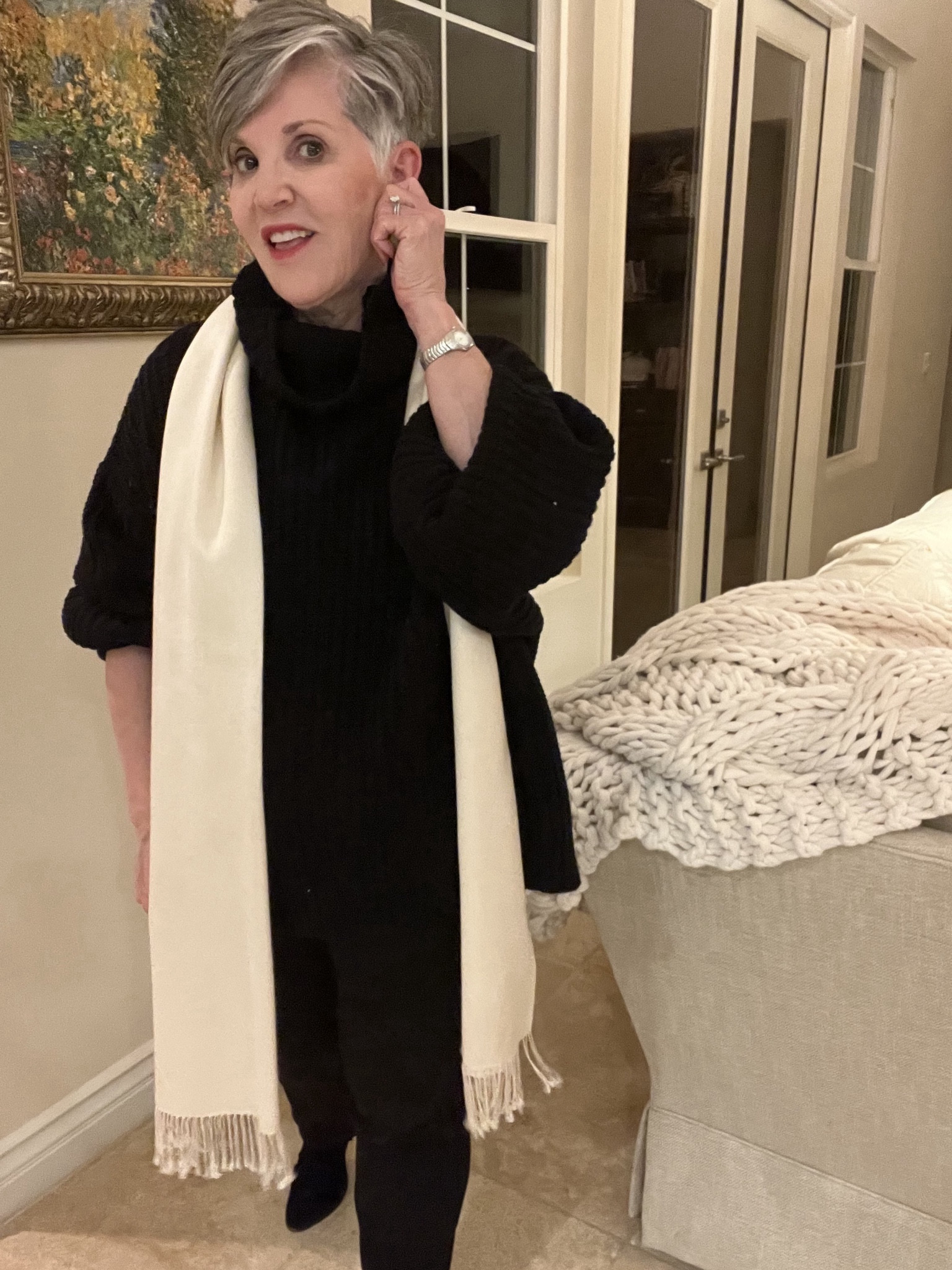 Black chunky sweater (s), black madewell stovepipe jeans (28), black very comfy suede booties, ivory scarf 🧣.  The scarf is a great buy!These jeans are really black and are treated to stay that way!

#LTKstyletip #LTKsalealert #LTKSeasonal