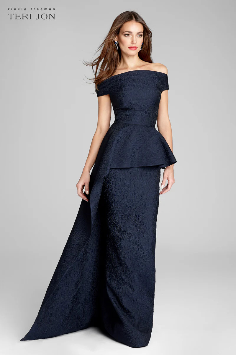 Jacquard Off Shoulder Side Drape Overlay Gown | TERIJON