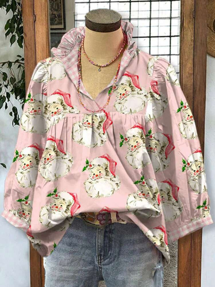 Women's Casual Christmas Style Santa Claus Print Ruffled Collar Long-Sleeve Shirt Top | SHEIN