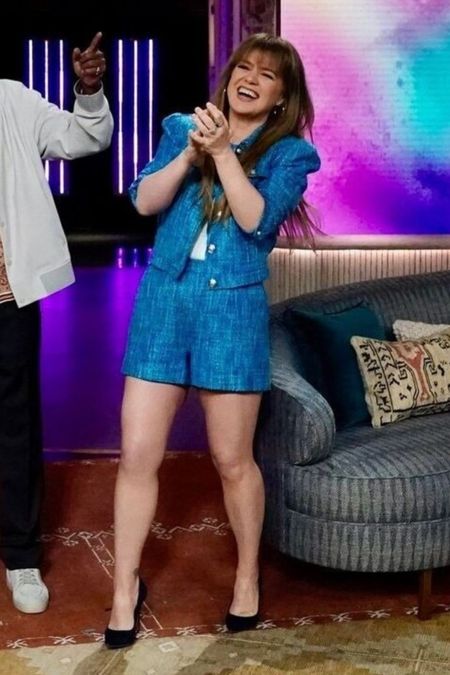 Shop Kelly Clarkson blue tweed short button front jacket and matching tweed shorts #KellyClarkson #CelebrityStyle

#LTKStyleTip #LTKWorkwear #LTKSaleAlert