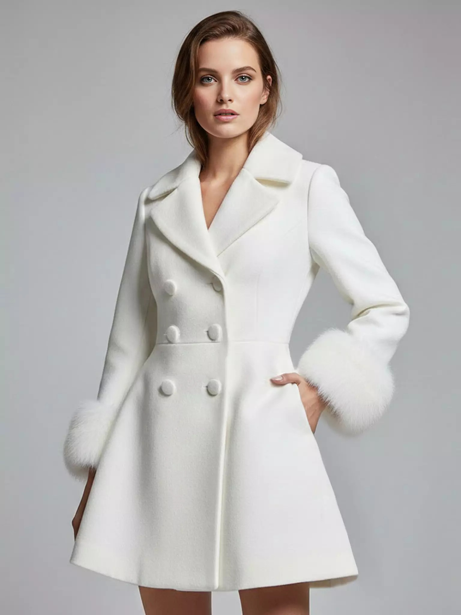 White double-breasted wool Blend coat with wide lapel And Faux fur cuffs For Women 2026 | Milanoo