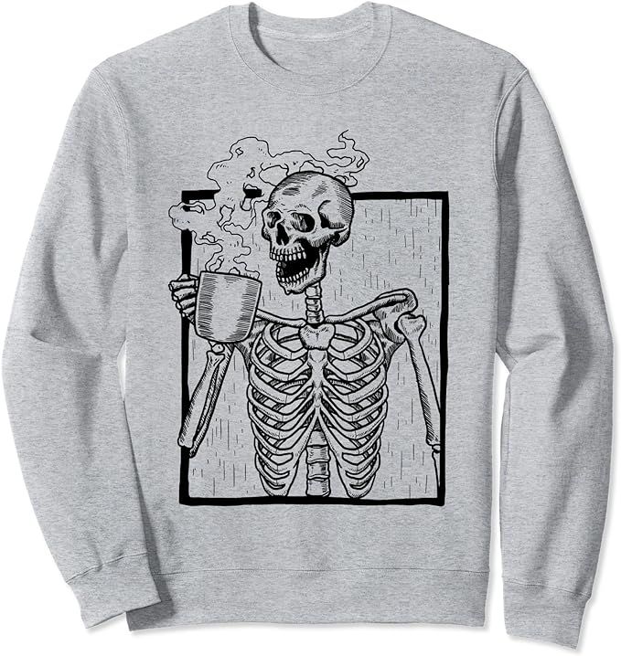 Skeleton Vintage Picture with Smiling Skull drinking Coffee Sweatshirt | Amazon (US)