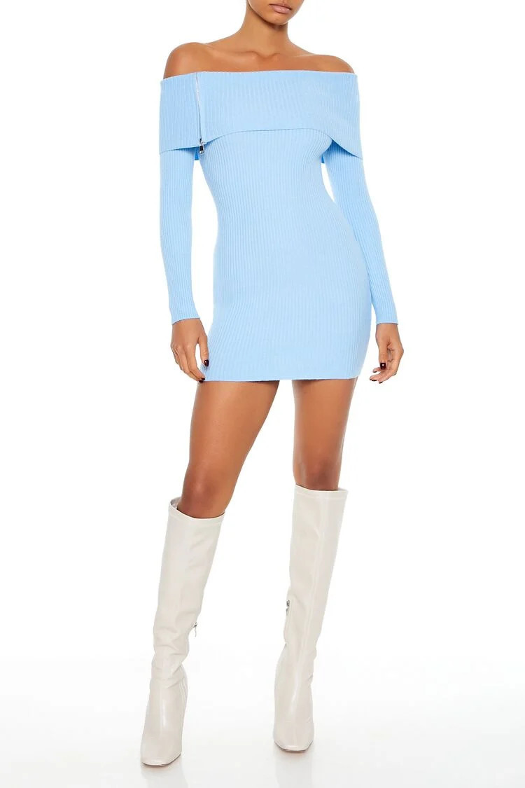 Women's Off-the-Shoulder Mini Sweater Dress in Blue Water Large | Forever 21