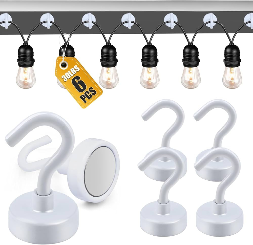 DIYMAG Outdoor Hooks for Hanging String Lights, White Magnetic Hooks Strong 30lbs+ Hanging Party ... | Amazon (US)