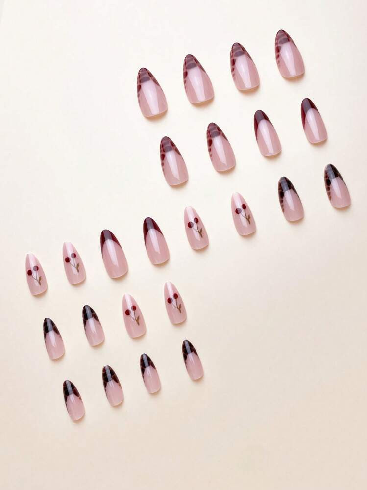 24Pcs Minimalistic Brown Leopard Print, Red French Tip & Cherry Pattern Almond Shaped Nail Sticke... | SHEIN