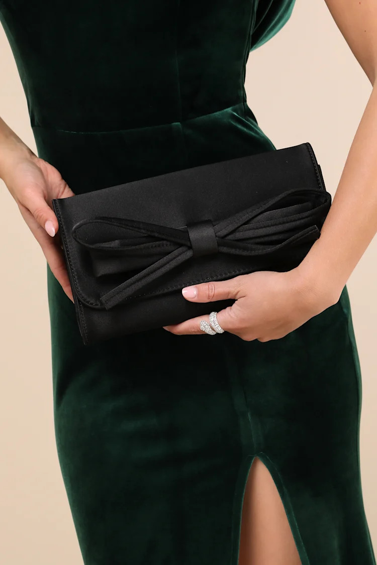Precisely Dreamy Black Satin Bow Clutch | Lulus