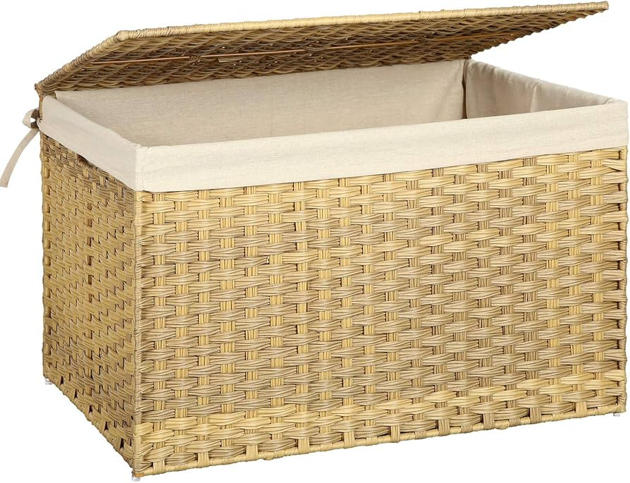 SONGMICS Storage Basket with Lid, Woven Blanket Storage Bin with Handles, Foldable, Removable Lin... | Amazon (US)