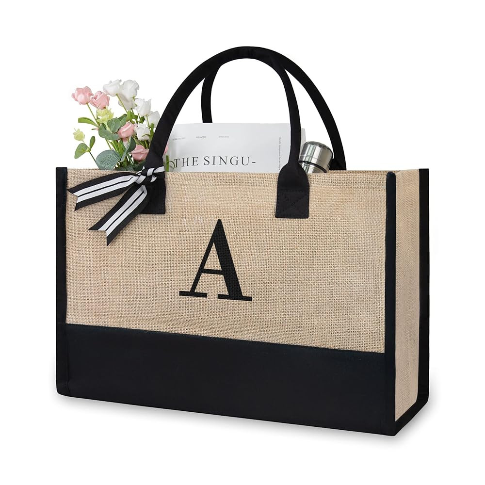 TOPDesign Initial Jute/Canvas Tote Bag, Personalized Present Bag, Suitable for Wedding, Birthday,... | Amazon (US)