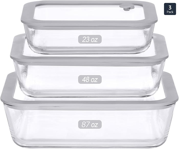 Glass Food Containers with Glass Lid, Microwave Safe Food Storage Container Set, 3 Pack of Large ... | Amazon (US)