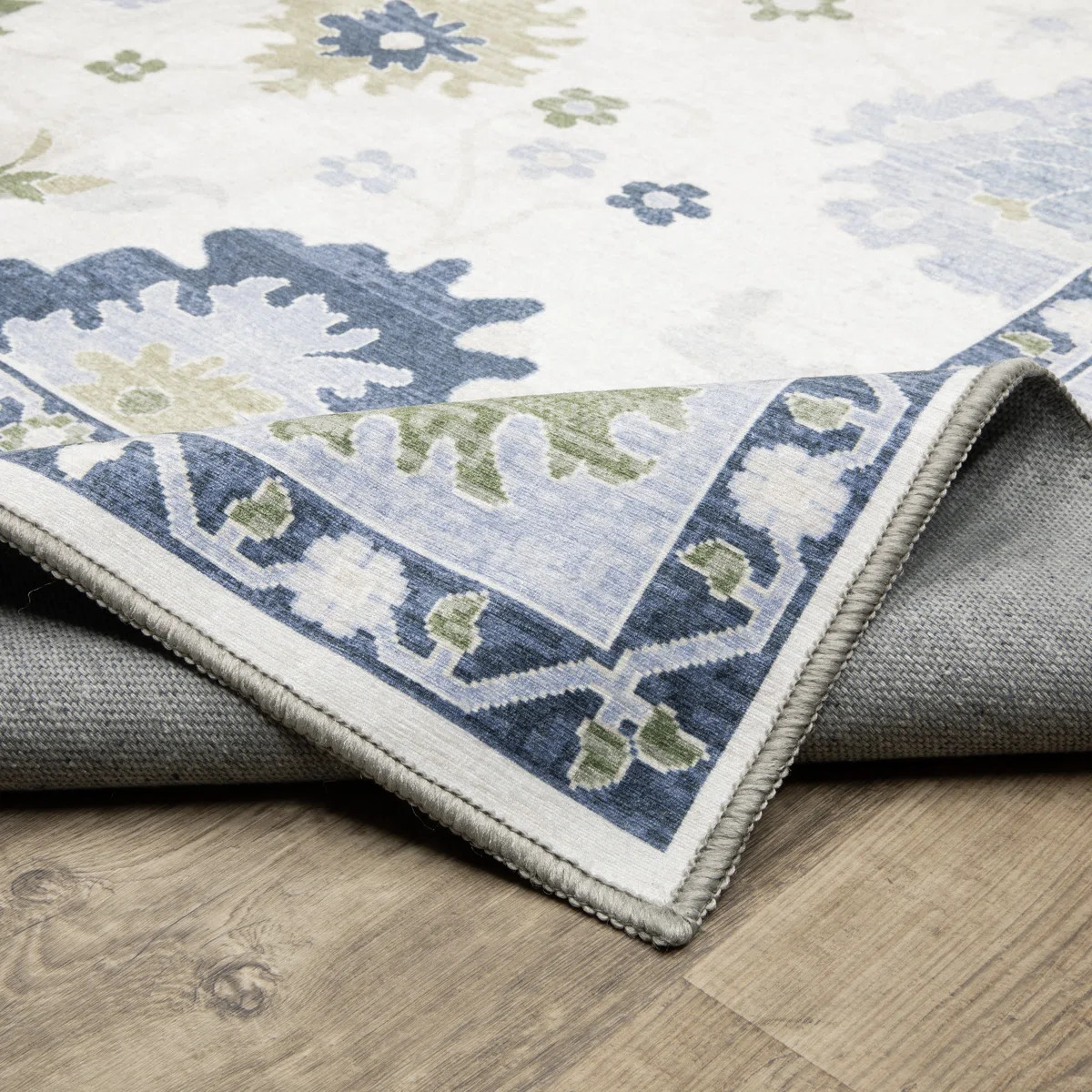 Kugler Floral Traditional White/Blue Printed Washable Flat Pile Area Rug | Wayfair North America