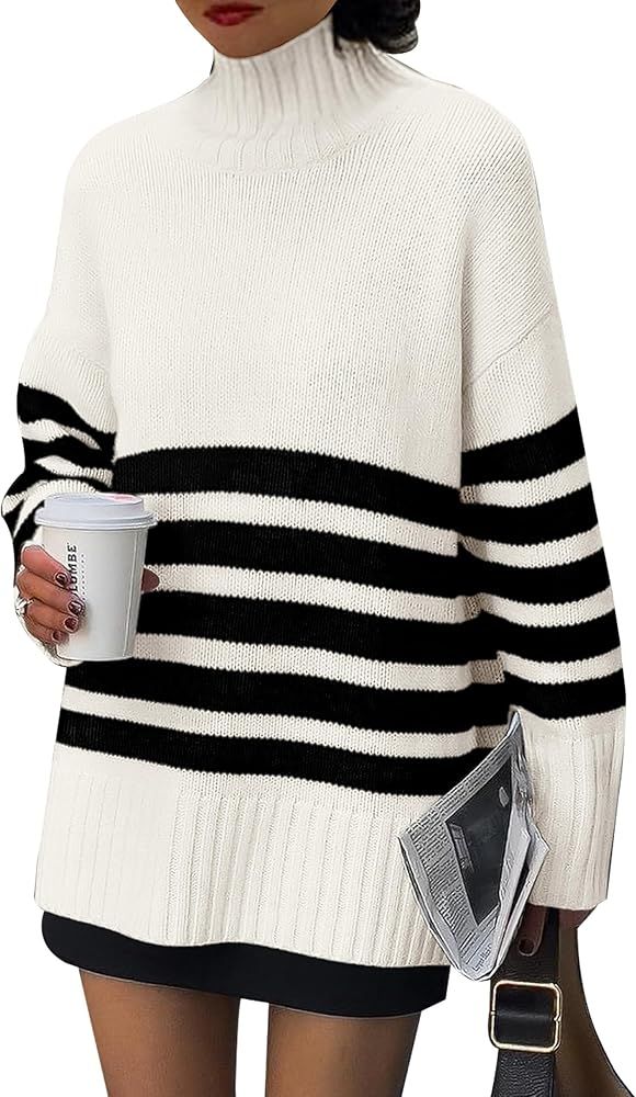 PRETTYGARDEN Women's Striped Sweaters Turtleneck Long Sleeve Tops Fall Outfits 2024 Trendy Oversi... | Amazon (US)