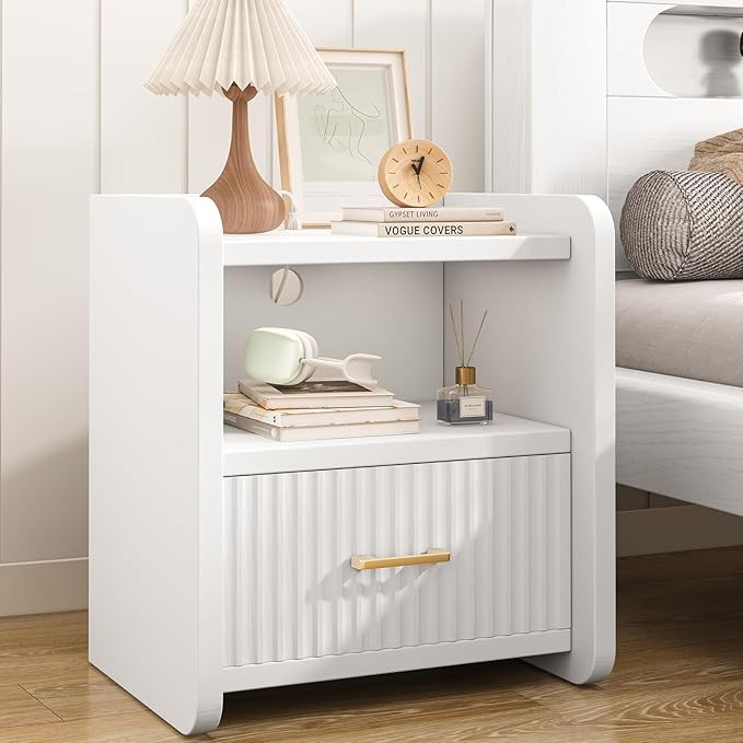 Night Stand with Charger Station, Fluted Wood Nightstand with Drawer Storage, Modern Bedside Tabl... | Amazon (US)