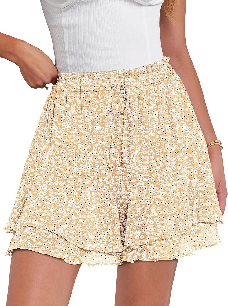 Caracilia Skorts for Women Boho Casual Beach Mini Skirts Summer Floral Ruffle Chiffon Flowy Short... | Amazon (US)