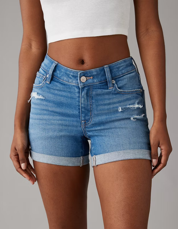 AE Next Level V-Rise Ripped Denim Midi Short | American Eagle Outfitters (US & CA)