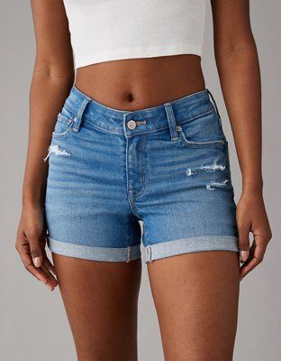 AE Next Level V-Rise Distressed Denim Midi Short | American Eagle Outfitters (US & CA)