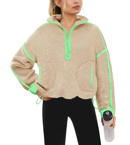 Yanekop Womens Quarter Zip Pullover Sherpa Fleece Jacket Oversized Zip Up Sweatshirt Half Zip Pullover Fuzzy Outerwear(Light Green Khaki Mixed,L) | Amazon (US)
