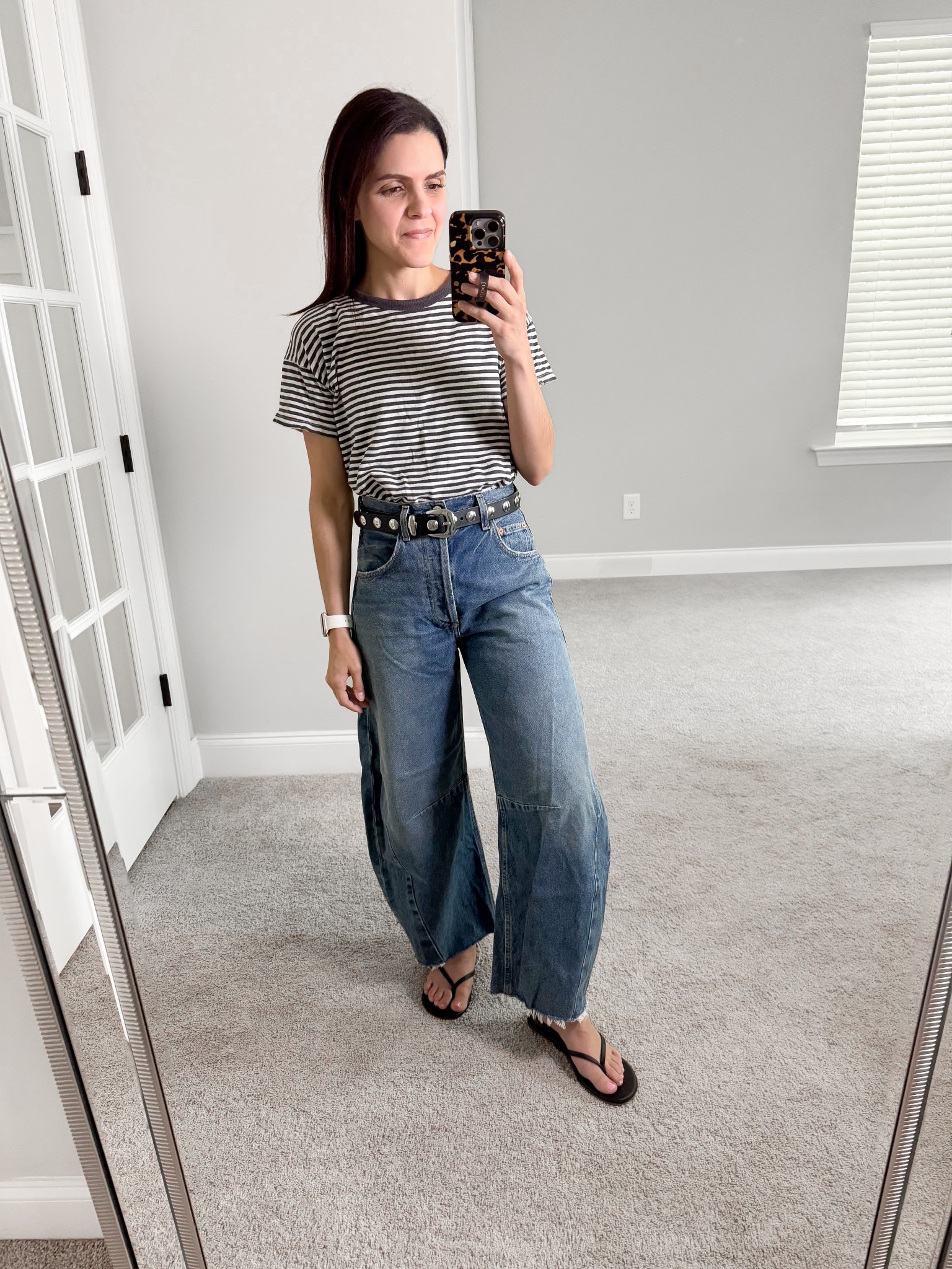 What I wore: 
Striped top: old, linked similar
Barrel jean: Citizens of Humanity, sized down 2 sizes 
Belt: Madewell 
Flip flops: Amazon, tts 

#LTKStyleTip