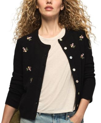 Lucky Brand Women's Floral-Embroidered Long-Sleeve Cardigan - Caviar | Macy's
