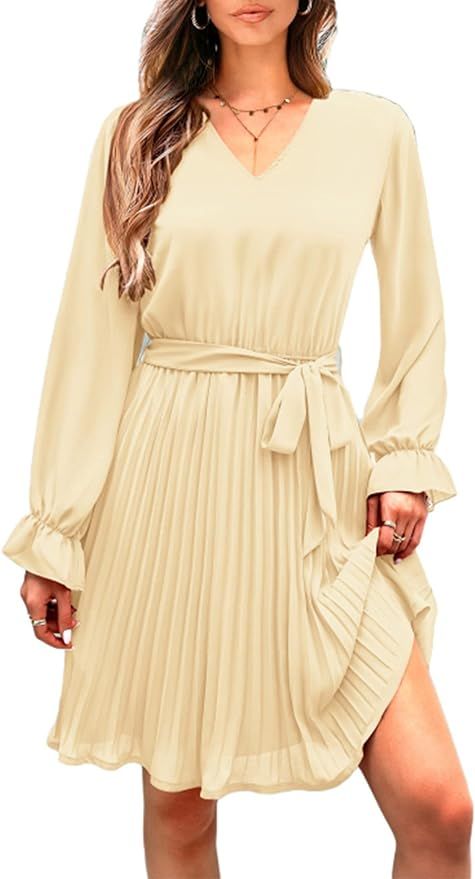 PRETTYGARDEN Women's Casual Spring Fall Dresses Long Puff Sleeve V Neck Pleated Ruffle Flowy Belt... | Amazon (US)