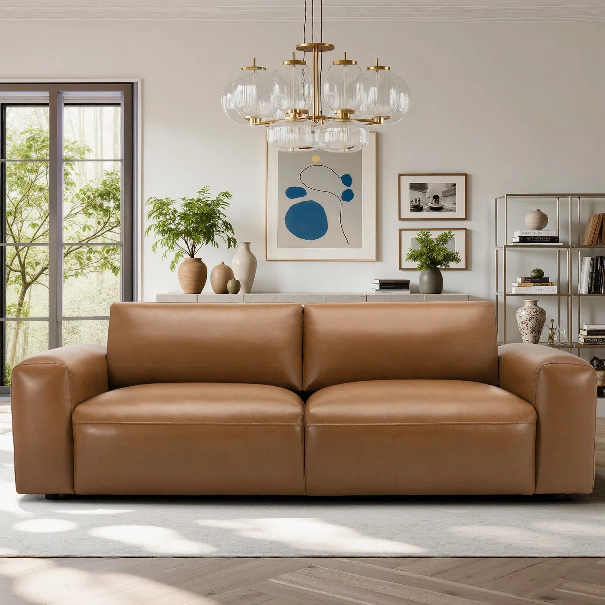 Benthe 95'' Modern Square Arm Leather Fatty Sofa Brown Down | Wayfair North America