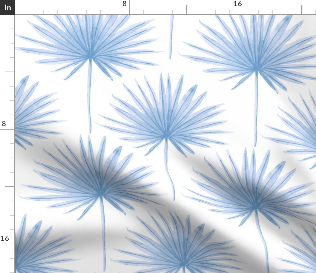 Jumbo Scale Serene Watercolor Palm Leaves Chambray Blue on White Fabric bymelly_williams_studio | Spoonflower