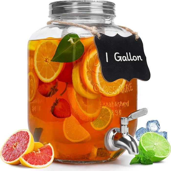 1 Gallon Glass Beverage Dispenser with Lid, Stainless Steel Spigot, Glass Drink Dispensers for Pa... | Amazon (US)