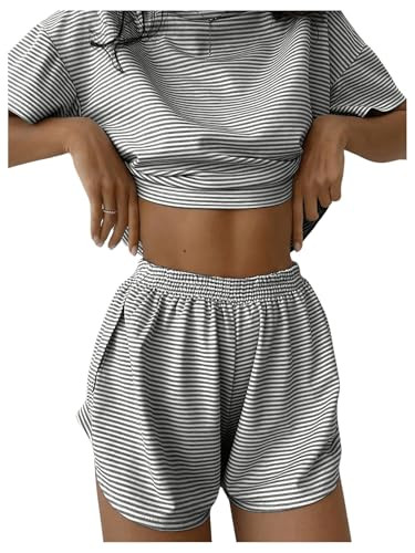 OYOANGLE Women's Two Piece Pajama Set Striped Print Crew Neck Short Sleeve Tee and Side Split Sho... | Amazon (US)