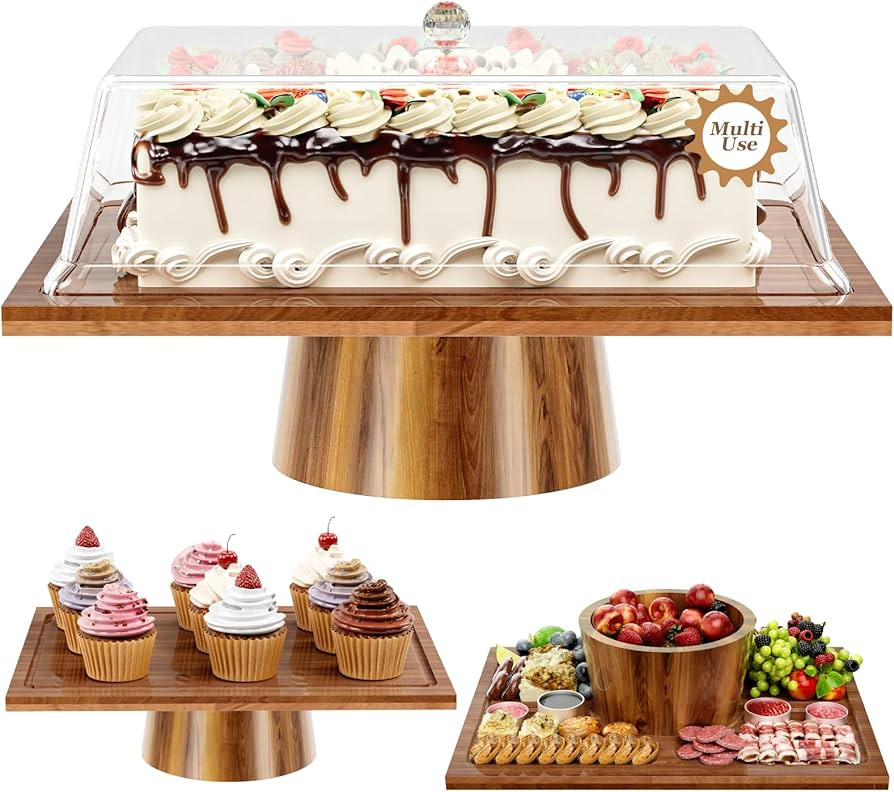 Cake Stand with Lid - 2 in 1 Cake Stand and Charcuterie Board, Rectangle Acacia Wood Cake Stand, ... | Amazon (US)