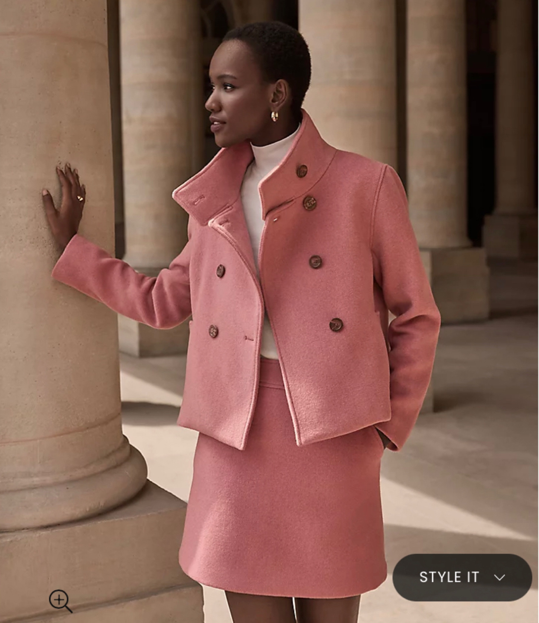 Matching set wool pink peacoat and skirt fall outfit 