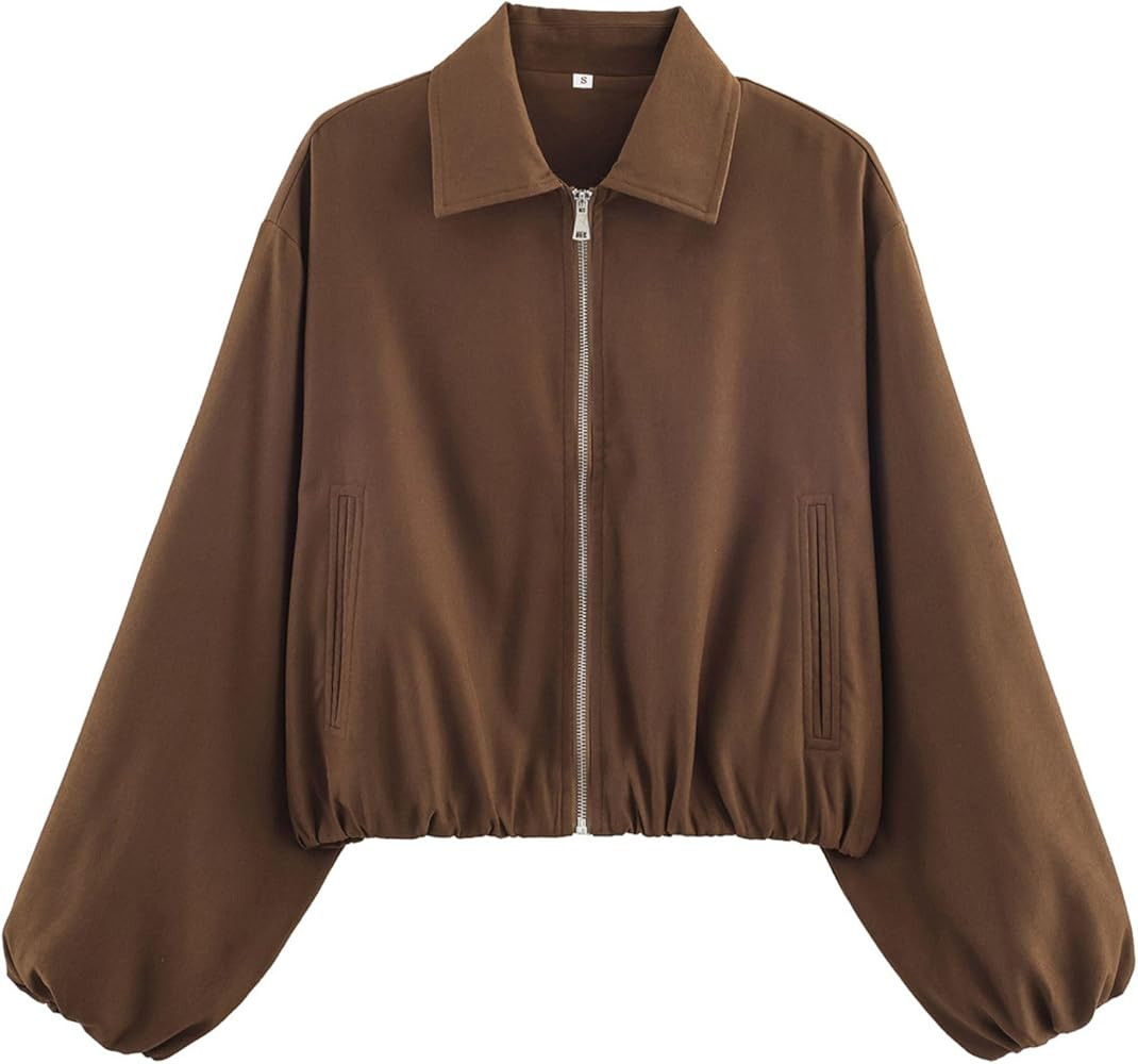 Xunger Women’s Cropped Bomber Jacket Puffed Sleeves Zip Up Trendy Casual Streetwear Outerwear w... | Amazon (US)