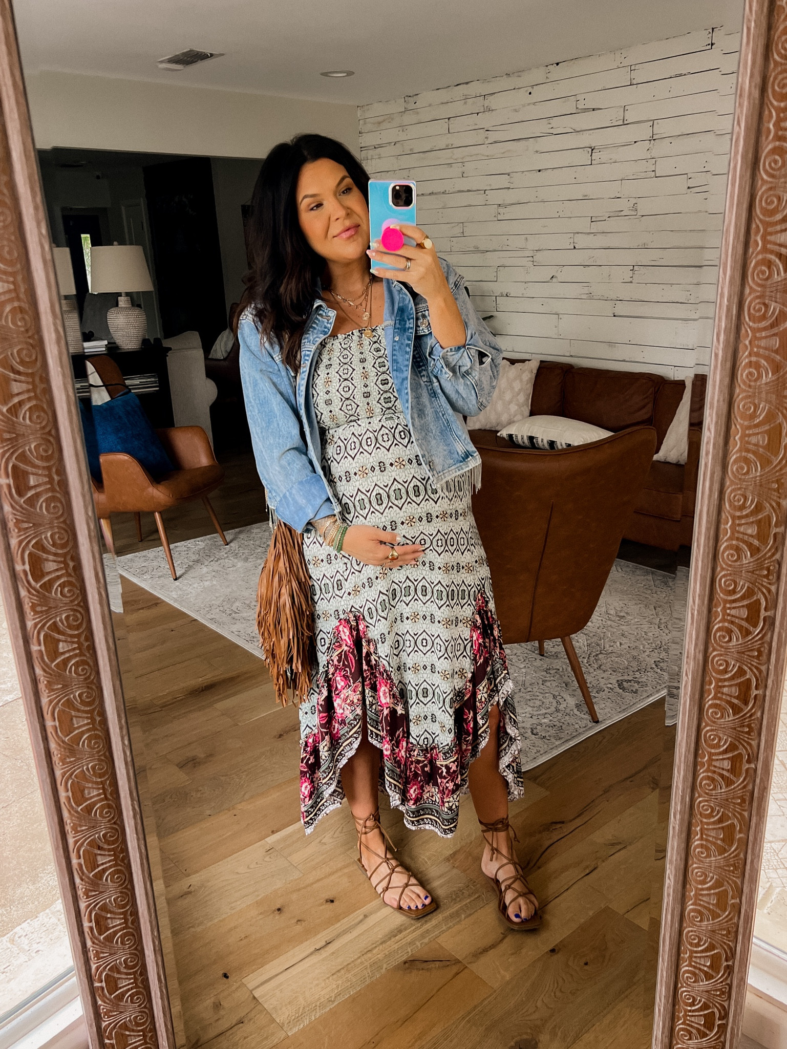 Cute boho bump friendly dress
Dress: Large (use code BWC25)
Denim Jacket: Large (use code: BWC20)
Fringe bag and strap sold separately 
Lace up sandal: true to size. 


#LTKbump #LTKshoecrush #LTKstyletip