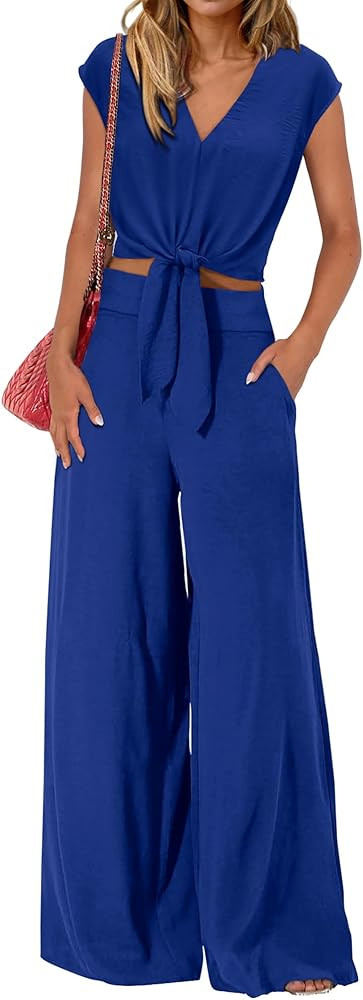 PRETTYGARDEN Women's Summer 2 Piece Outfits 2026 Cap Sleeve V Neck Belted Crop Tops Wide Leg Pant... | Amazon (US)